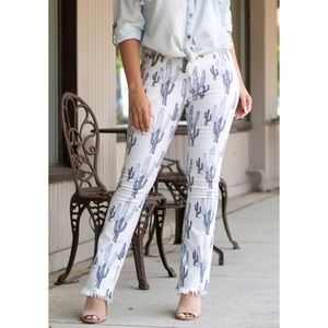Cactus Print Denim Frayed Hem Boho Western Jeans